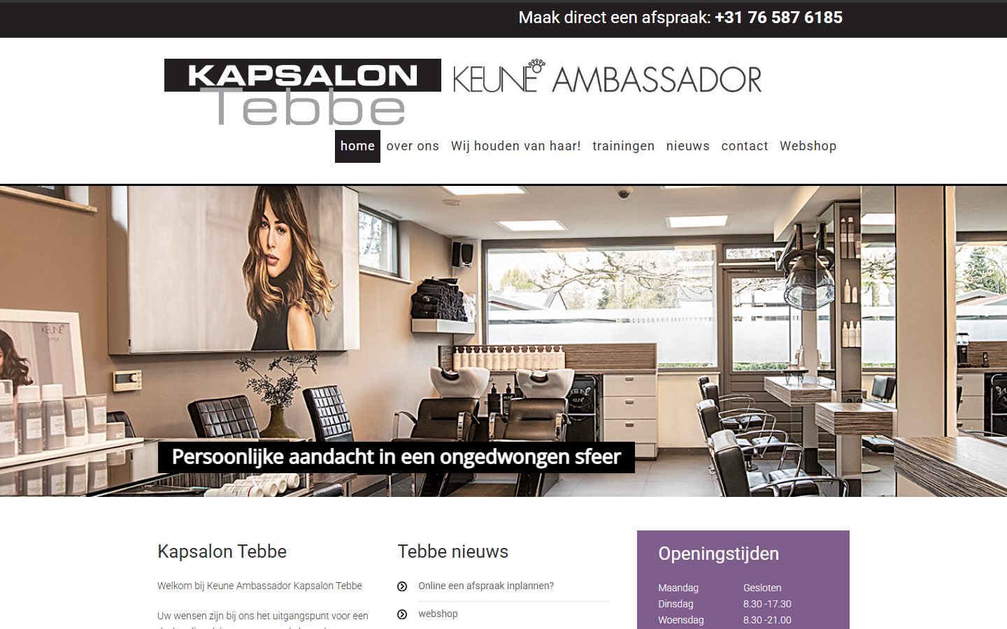 De oude website van Kapsalon Tebbe, vóór de samenwerking met Done Studio